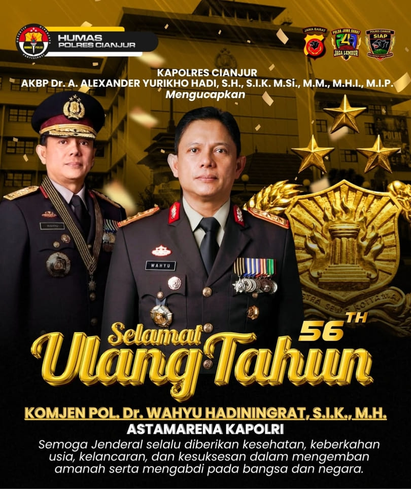 Kapolres Cianjur Ucapkan Selamat Ulang Tahun ke-56 kepada Astamarena Kapolri Komjen Pol. Dr. Wahyu Hadiningrat