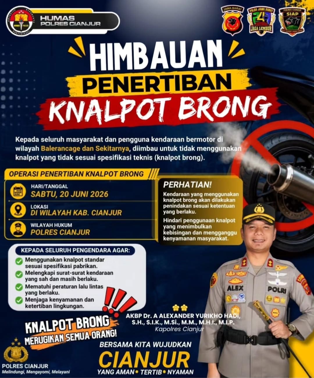 Polres Cianjur Sampaikan Himbauan Tertib Berlalu Lintas Melalui Penertiban Knalpot Brong