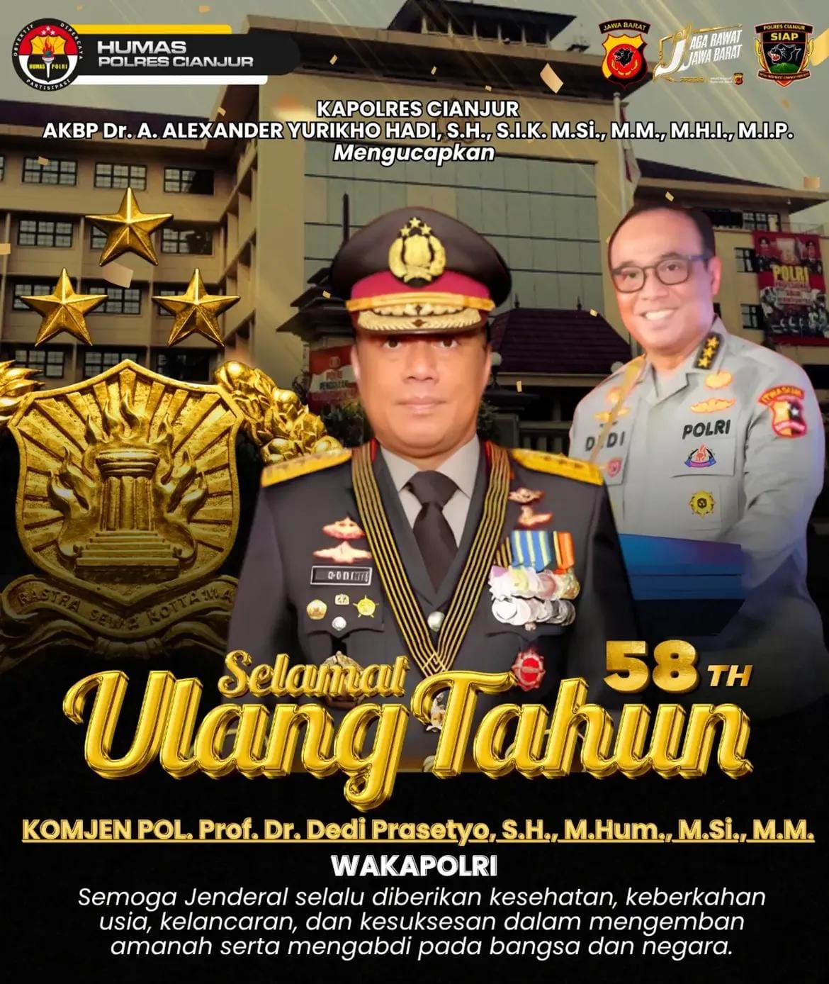 Kapolres Cianjur Sampaikan Ucapan Selamat Ulang Tahun ke-58 kepada Wakapolri Komjen Pol. Prof. Dr. Dedi Prasetyo