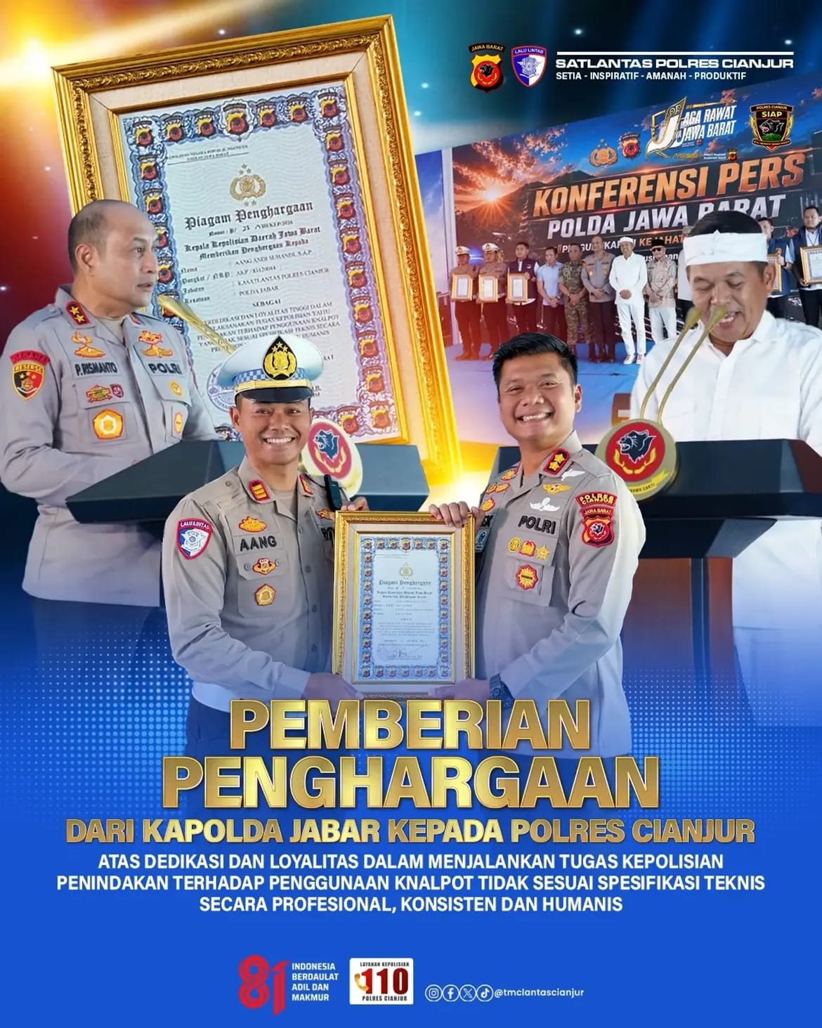 Polres Cianjur Terima Penghargaan Kapolda Jabar atas Dedikasi Penertiban Knalpot Tidak Sesuai Spesifikasi